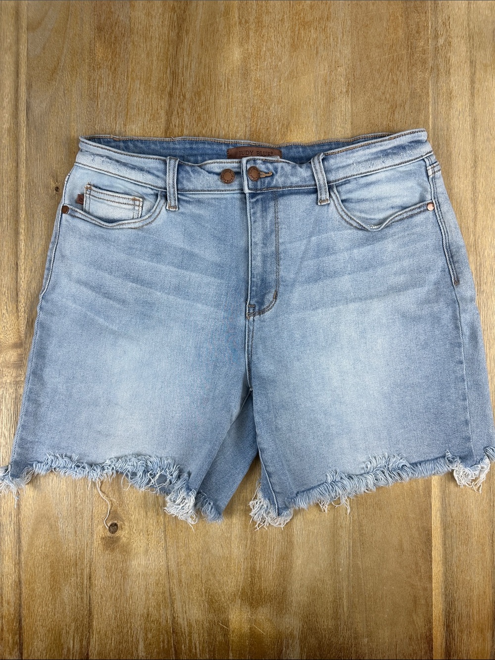 Judy Blue Light Wash Distressed Hem Soft and Stretchy Denim Short